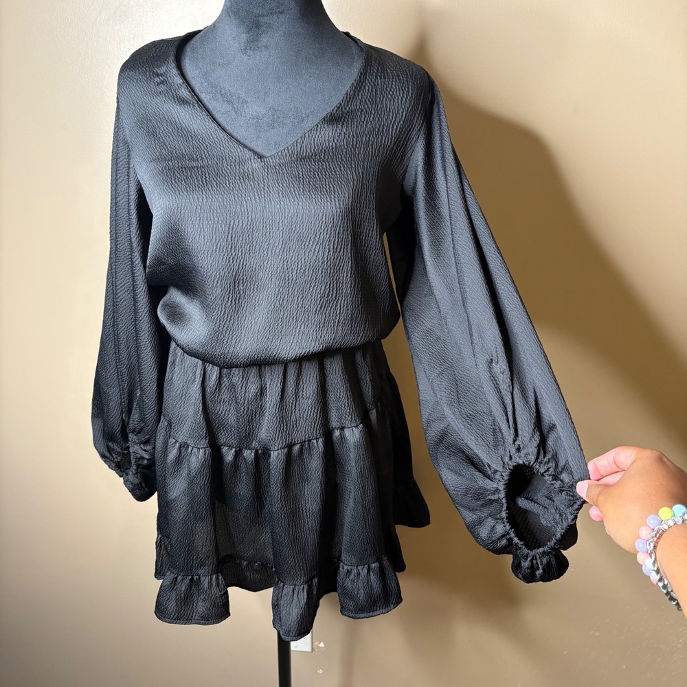 Tyche Black Sz Small Long Balloon Sleeve Mini Dress Ruffle V Neck Casual Party